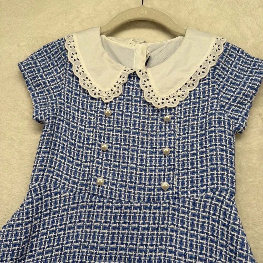 Janie and Jack Tweed Dress Girls 8 Blue White Eyelet Collar Party - Picture 2 of 9